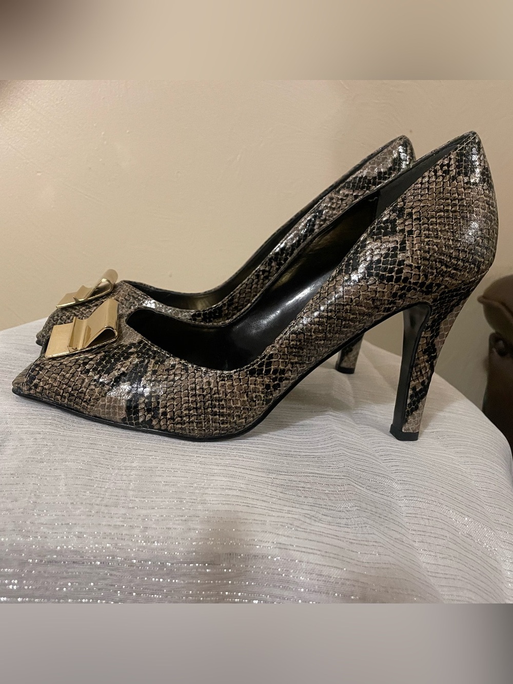 J.Renee Snake-Print Pointed Toe Pumps with Gold Bow Accent - Brown